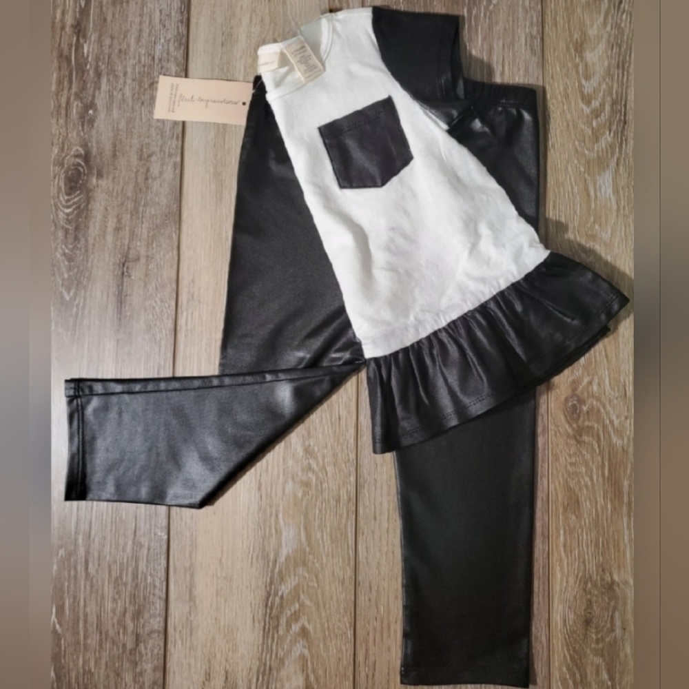 First Impressions girl's 2 piece set off white, black shirt & leggings Sz 24 mo.